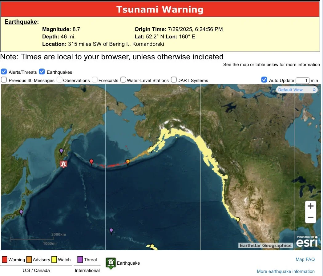 an image depicting the tsunami alert put forth for the July 29, 2025 tsunami off the coast of Russia
