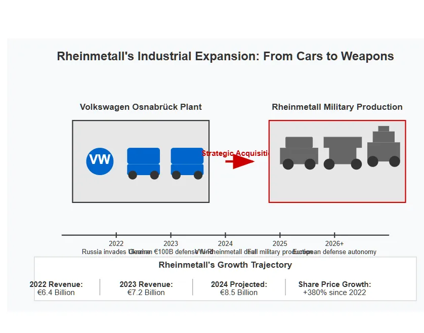 Illustration showing the transformation of Volkswagen's Osnabrück factory into a Rheinmetall military production facility. The left side shows the VW plant producing cars, while the right shows the same facility converted to produce tanks and armored vehicles. Below is a timeline of key events from 2022-2026 and data showing Rheinmetall's revenue growth from €6.4 billion in 2022 to a projected €8.5 billion in 2024, with share prices increasing 380% since 2022. Copyright - Prime Rogue Inc - 2025