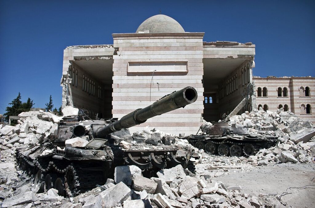 A photo of a wrecked tank in Azaz, Syria 