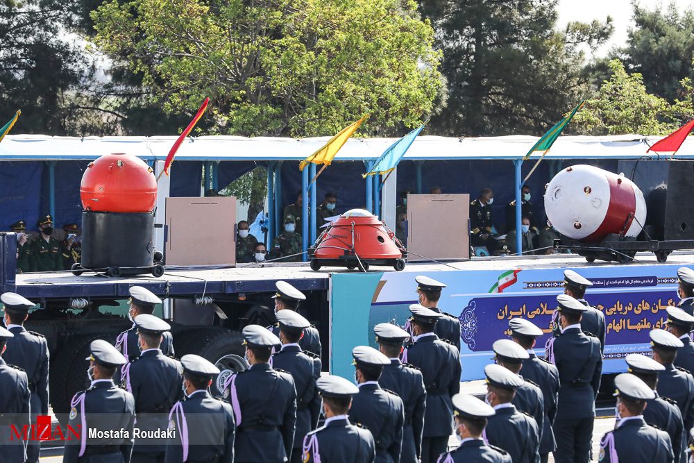 An assortment of Iranian naval mines at Iranian Army Day 2022