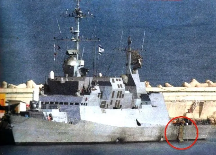 a photo of the Israeli INH Hanit after it was shot by Hezbollah with a Chinese missile