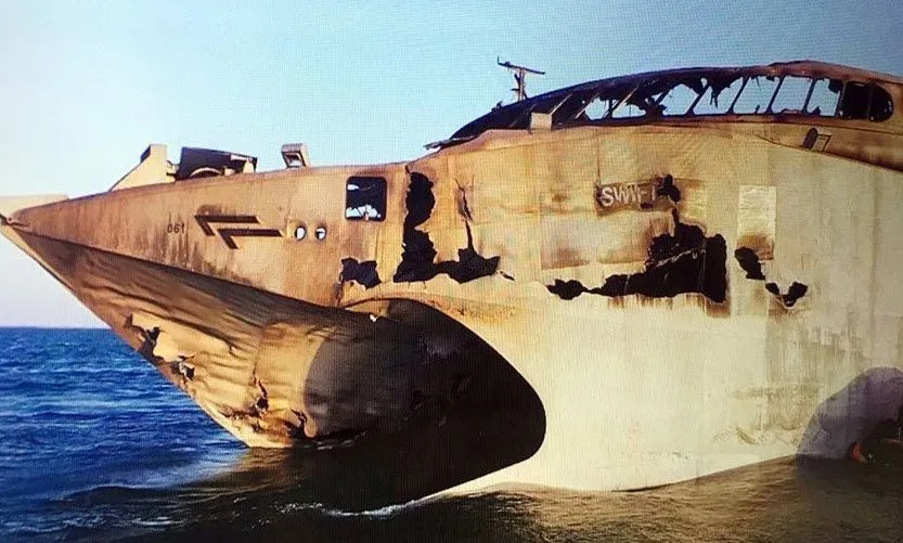 Damage to the HSV-2 Swift after it was hit by a Houthi missile in 2022