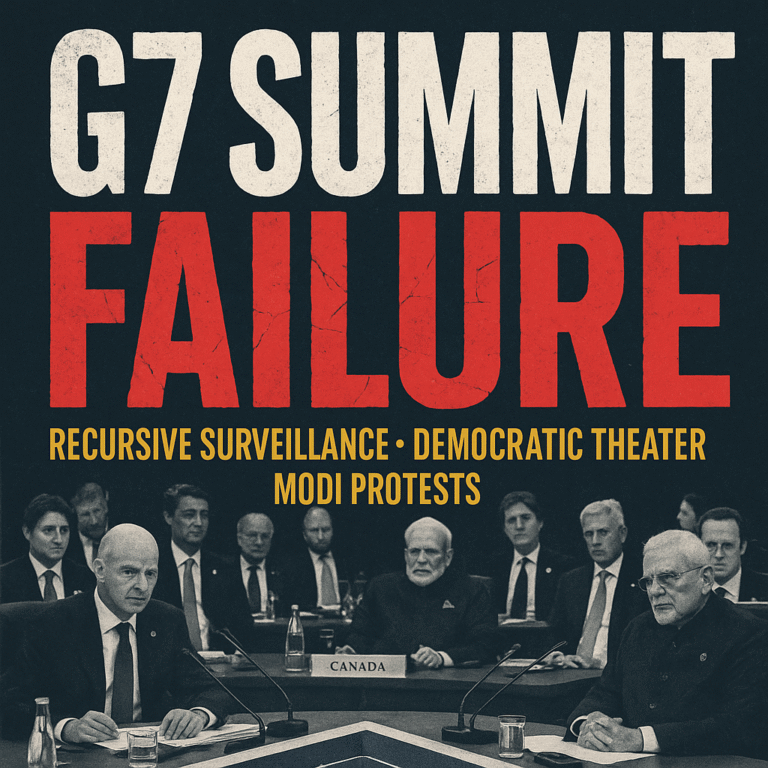 an image depicting A scathing satire dissects 2025's G7 summit in Kananaskis, exposing a performative failure: recursive surveillance, democratic erosion, design theater, Modi protests, Trump's exit and FOI violations.