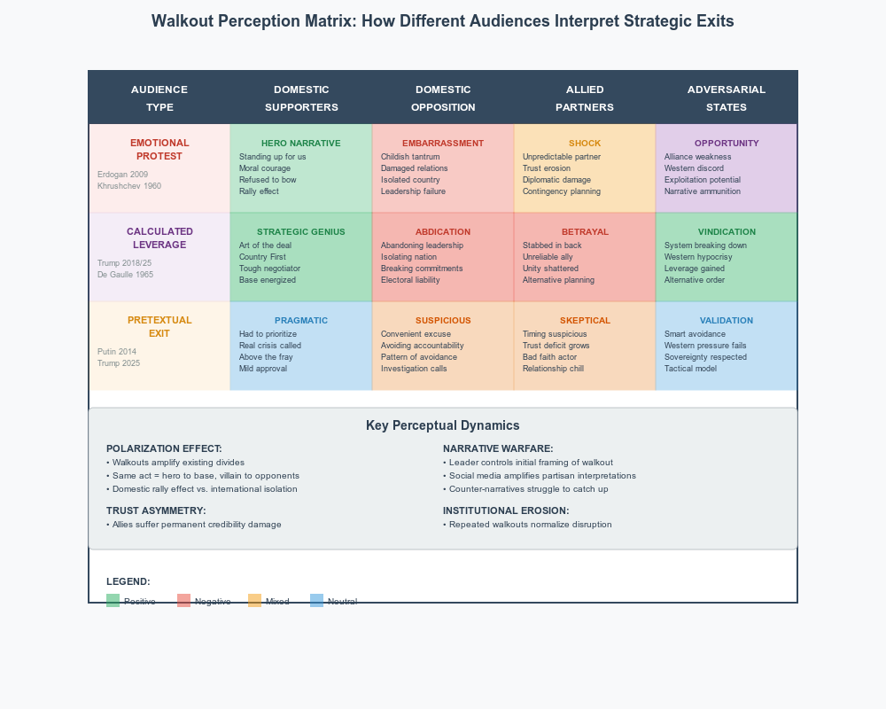 Matrix showing how domestic supporters, domestic opposition, allied partners, and adversarial states differently interpret emotional protest, calculated leverage, and pretextual exit walkouts, highlighting polarization effects and narrative warfare dynamics.