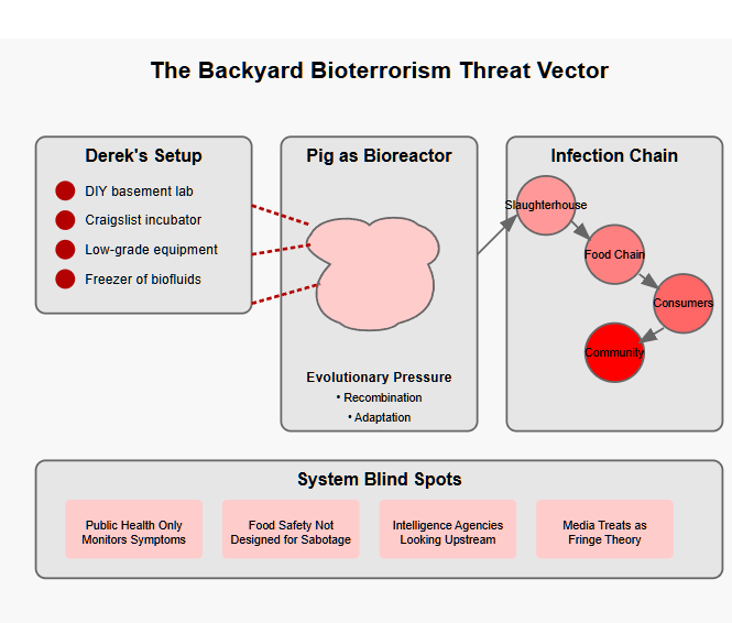 Infographic showing the DIY bioterrorism threat vector. Left: 'Derek's Setup' shows a basement lab, Craigslist incubator, and freezer of biofluids. Center: 'Pig as Bioreactor' depicts a pig silhouette with injection arrows and labels for evolutionary pressure. Right: 'Infection Chain' shows a progression from slaughterhouse to food chain to consumers to community spread. Bottom: Four system blind spots including public health limitations and intelligence gaps.