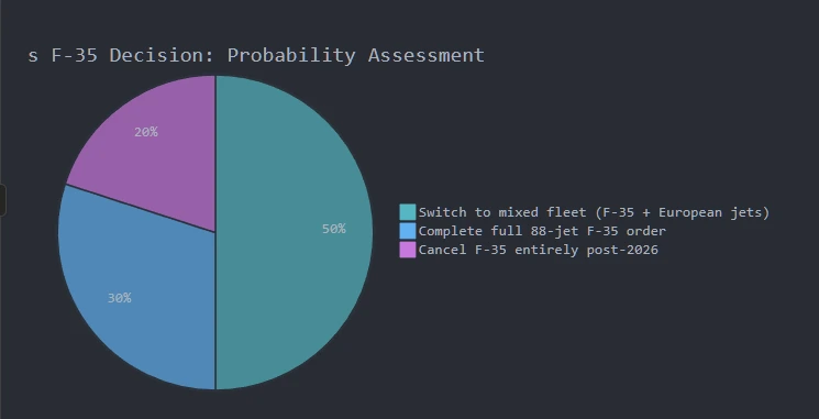 Pie chart showing probability assessment for Canada's F-35 decision: 50% likelihood of switching to a mixed fleet, 30% chance of completing the full order, and 20% possibility of canceling entirely.