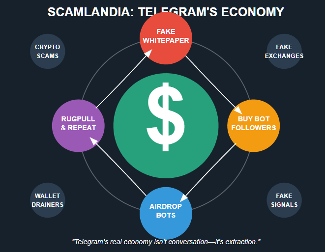 A circular diagram illustrating Telegram's scam economy. At center is a green circle with a dollar sign. Around it revolves a four-step cycle: 'Fake Whitepaper' (red), 'Buy Bot Followers' (orange), 'Airdrop Bots' (blue), and 'Rugpull & Repeat' (purple). The outer corners show common scam types: 'Crypto Scams,' 'Fake Exchanges,' 'Wallet Drainers,' and 'Fake Signals.' A quote reads: 'Telegram's real economy isn't conversation—it's extraction.
