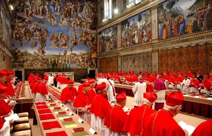 Catholic cardinals seated inside the Sistine Chapel, preparing to vote in the conclave to elect the next pope.