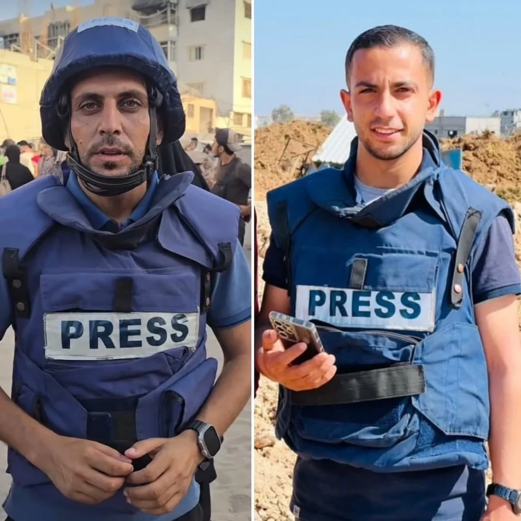 Side-By-Side photos of Al Jazeera journalists Anas Jamal Al-Sharif and Mohammed Quraiqa, who were killed, along with at least five other members of the Al Jazeera correspondent team in Gaza, as the result of an Israeli airstrike 