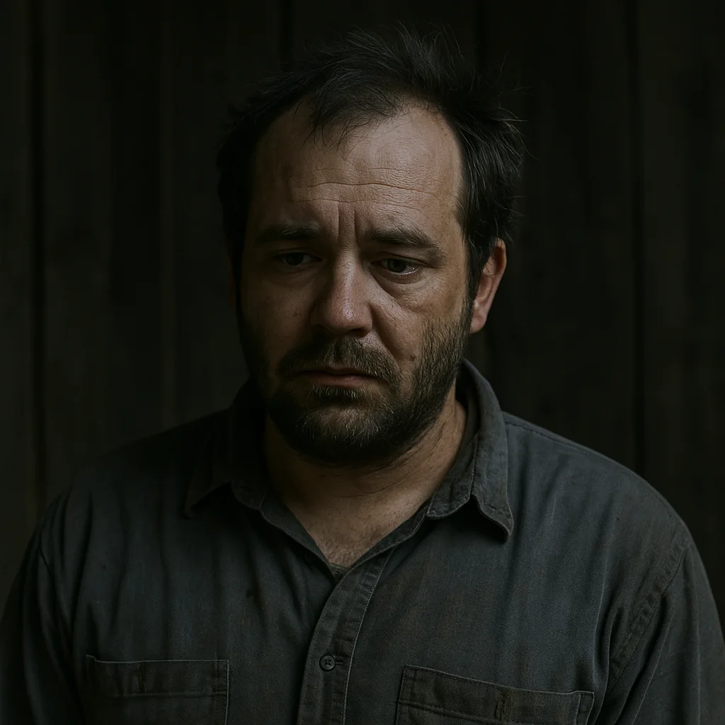 A loose close-up portrait of a grim, unshaven man in worn coveralls, sitting on a dirt floor in a dimly lit barn. His expression is blank, almost vacant, lit by cold blue-gray light. Behind him are feed bags, a stained freezer, and scattered notes. His hands rest on his knees, stained and calloused. The atmosphere is tense and quiet — not evil, just emptied out. This is Derek.
