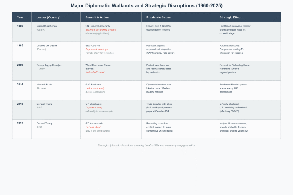 Table titled 'Major Diplomatic Walkouts and Strategic Disruptions (1960-2025)' with 6 rows of data across 5 columns: Year, Leader (Country), Summit & Action, Proximate Cause, and Strategic Effect.
