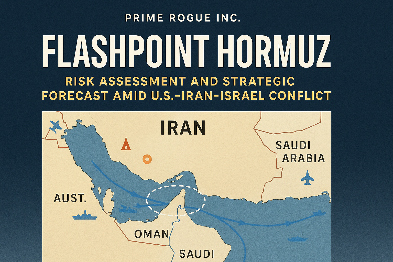 An image depicting Flashpoint Hormuz: Risk Assessment and Strategic Forecast Amid U.S.-Iran-Israel Conflict