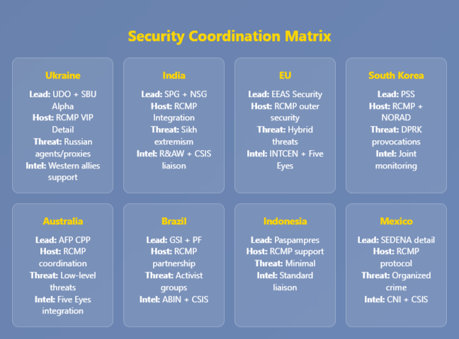 Grid layout displaying security coordination details for 8 countries. Each cell shows lead protection agency, host nation coordination approach, primary threats, and intelligence liaison arrangements for Ukraine, India, EU, South Korea, Australia, Brazil, Indonesia, and Mexico.