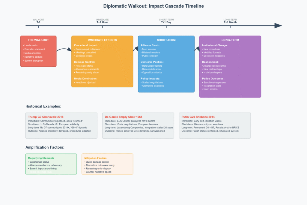 Timeline showing diplomatic walkout impact progression from T-0 through T+1 Month, illustrating immediate procedural disruption, short-term alliance strain, and long-term institutional changes with historical examples.