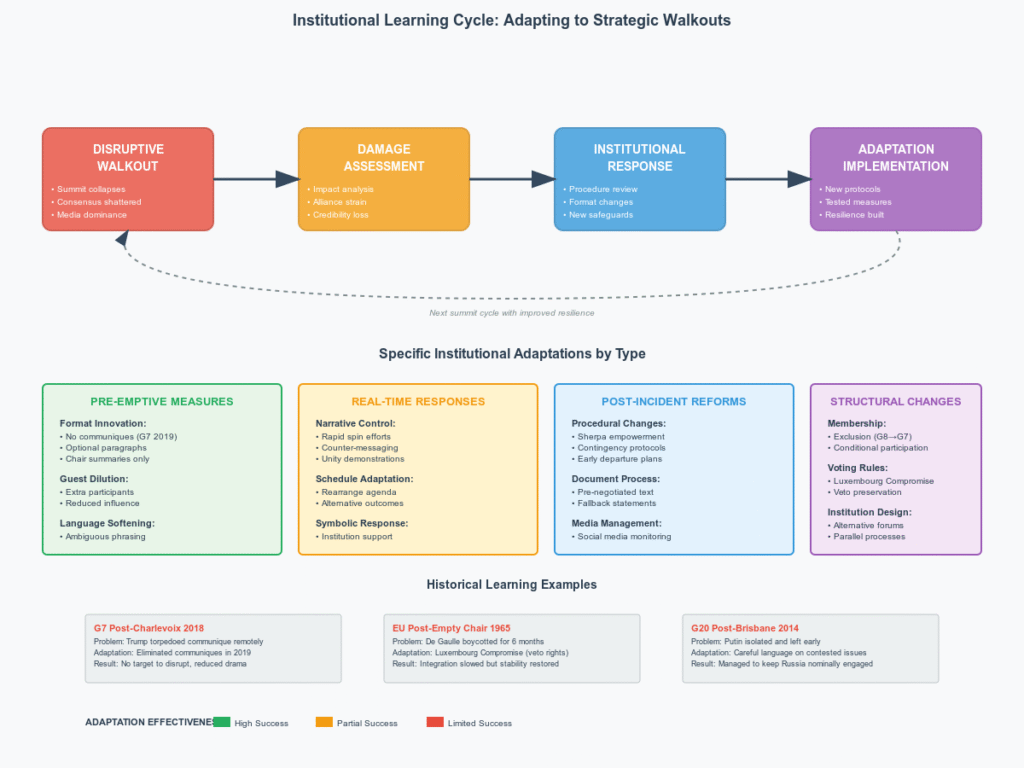 Flowchart showing institutional learning cycle from disruptive walkout through damage assessment, institutional response, and adaptation implementation, with specific examples of procedural changes by different organizations.