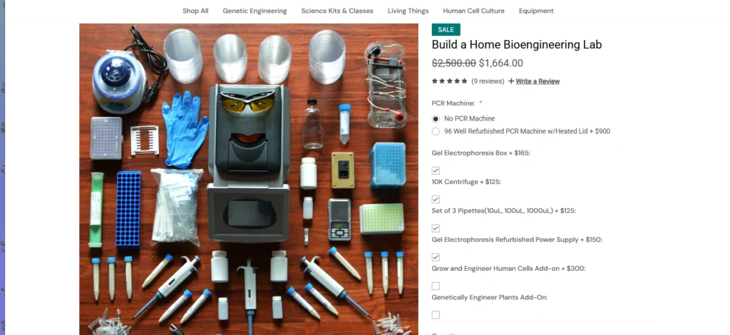 A screenshot from the Odin showing the "Build a Home Bioengineering Lab" to illustrate the ease of at-home biohacking and the dangers emerging from it. 