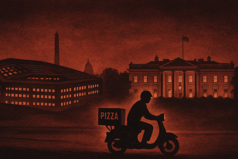 an image depicting The Pentagon Pizza Index: Behavioral OSINT, National Security, and the Geopolitics of Takeout