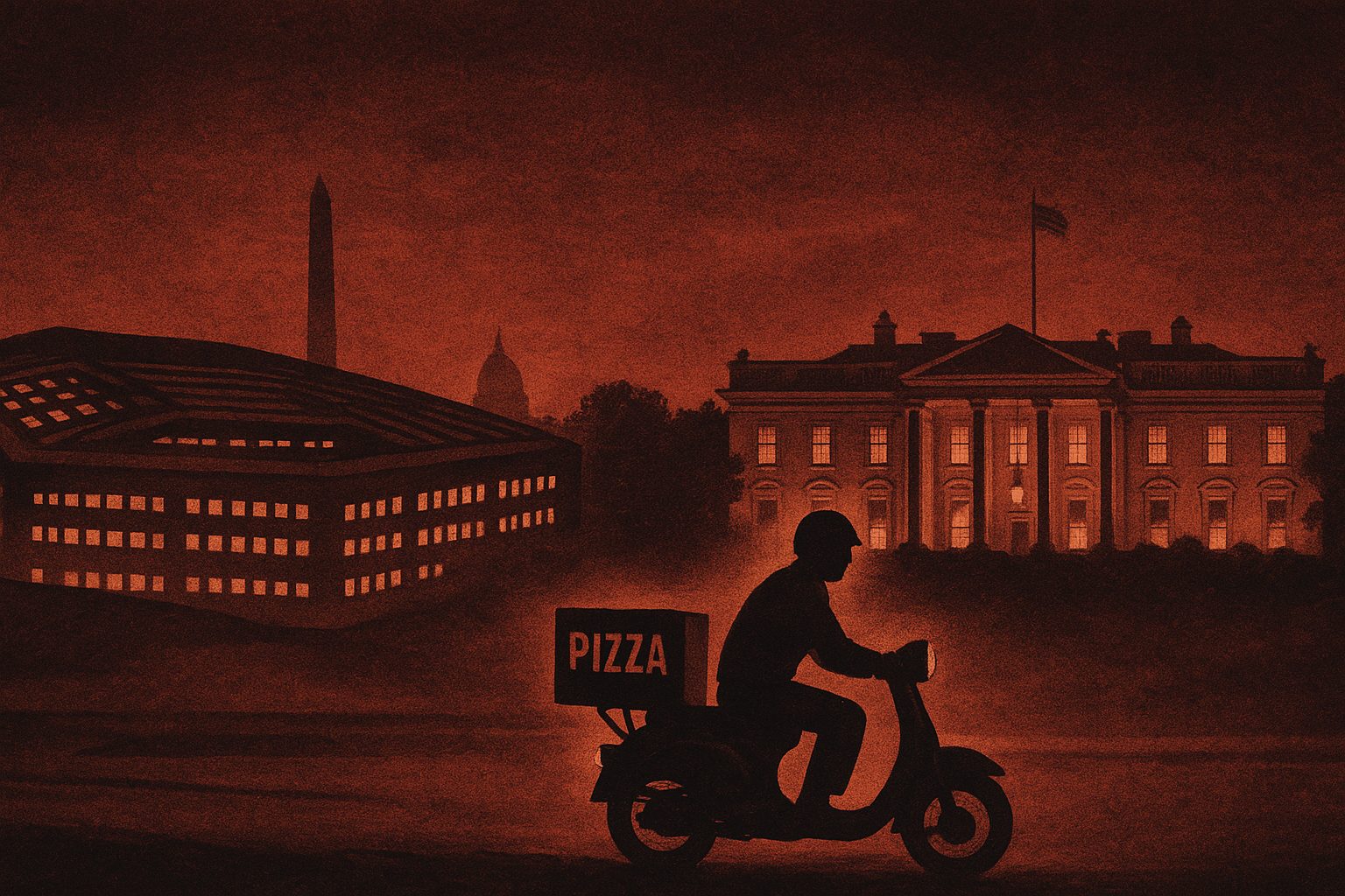 an image depicting The Pentagon Pizza Index: Behavioral OSINT, National Security, and the Geopolitics of Takeout