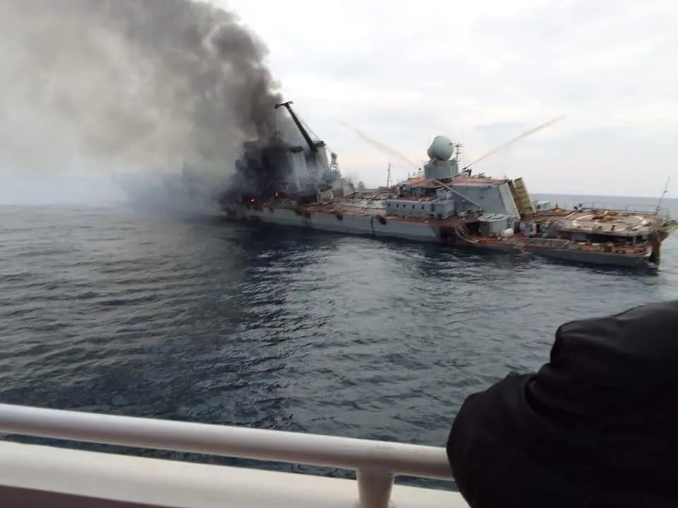 The Russian Navy ship Moskva sinking and being promoted to submarine on April 14, 2022 after being struck by two Ukrainian Neptune missiles.
