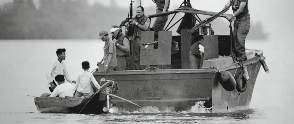 An American Swift boat doing counterinsurgency operations during the Vietnam War. 