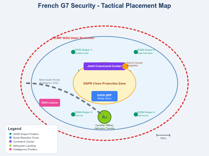 Tactical deployment map of Kananaskis G7 venue showing GIGN sniper positions at four elevated forest locations around venue perimeter, GSPR close protection zone at center, GIGN quick reaction force ready room, helicopter landing zone, joint command center, and French communications integration point within RCMP outer perimeter.