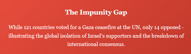 Highlighted statistic in white text on red background stating: 'While 121 countries voted for a Gaza ceasefire at the UN, only 14 opposed - illustrating the global isolation of Israel's supporters and the breakdown of international consensus.' This emphasizes the disconnect between global opinion and Western diplomatic protection