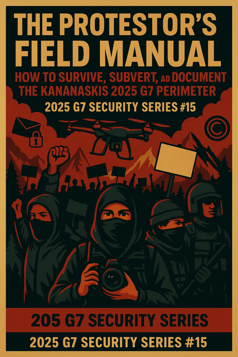 An image depicting The Protestor’s Field Manual: How to Survive, Subvert, and Document the Kananaskis 2025 G7 Perimeter 2025 G7 Security Series #15