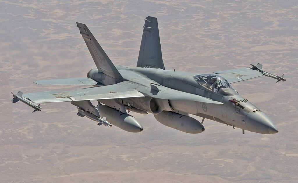 A Canadian CF-18 Hornet airborne over Iraq in 2017.