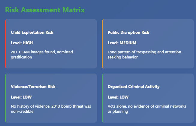 a graph depicting the risk assessment matrix associated with Charlie Kirk assassination disruptor George Zinn