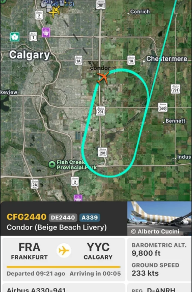 Condor DE2440, a Lufthansa A339, circling over Calgary during the September 15, 2025 bomb threat incident 