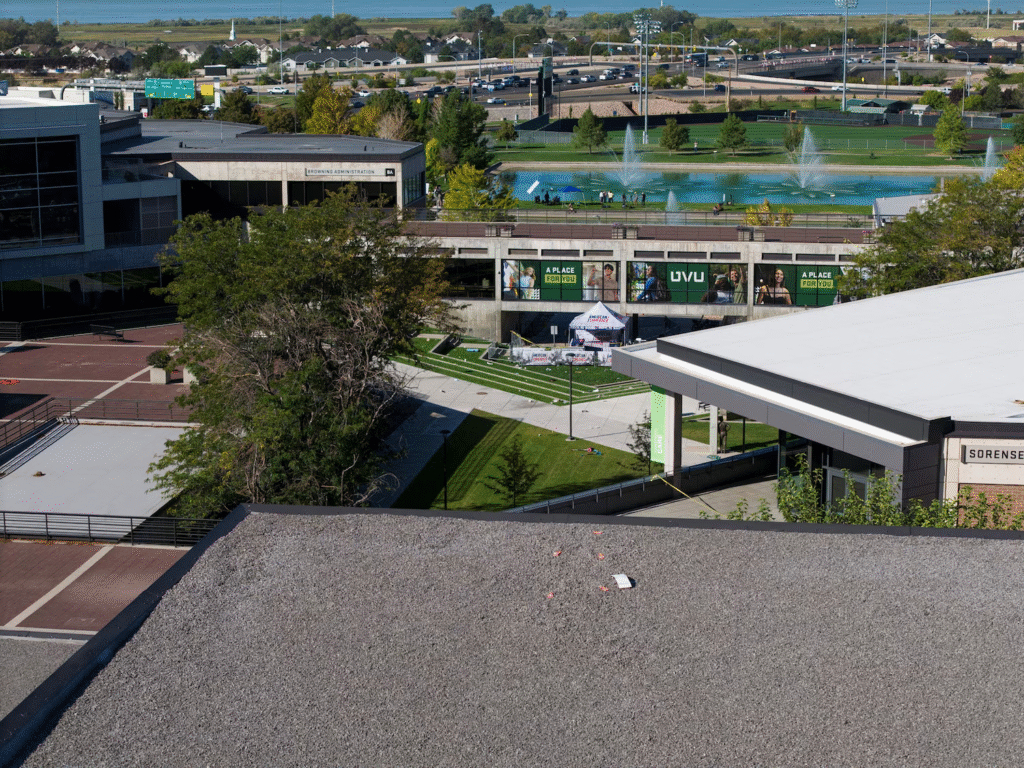 drone footage showing the sniper's nest and vantage point of Charlie Kirk's assassin