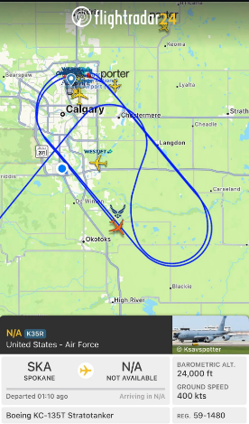 An American KC-135 stratotanker circling over Calgary as part of a NORAD mission on September 15, 2025. 