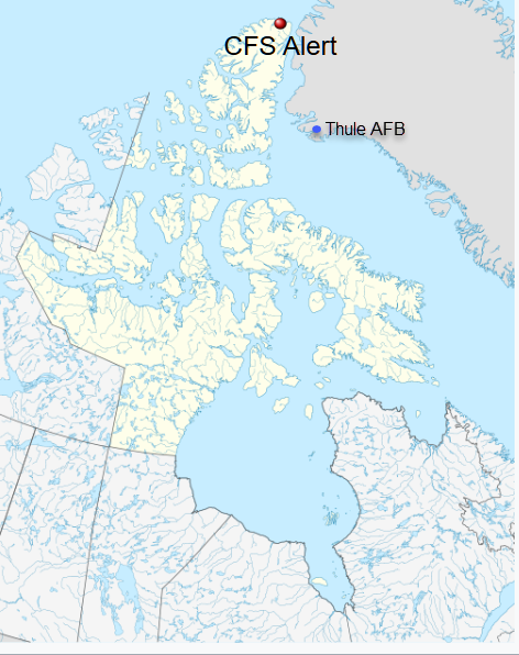 A map showing CFS Alert in Canada relative to Thule Air Force Base in Greenland