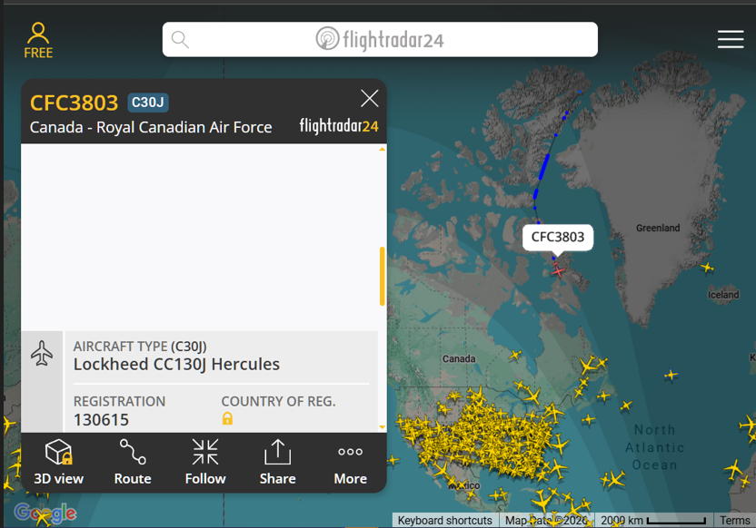 A Flight Radar 24 screenshot showing the RCAF CC130J Hercules flight back from CFS Alert on January 13, 2026