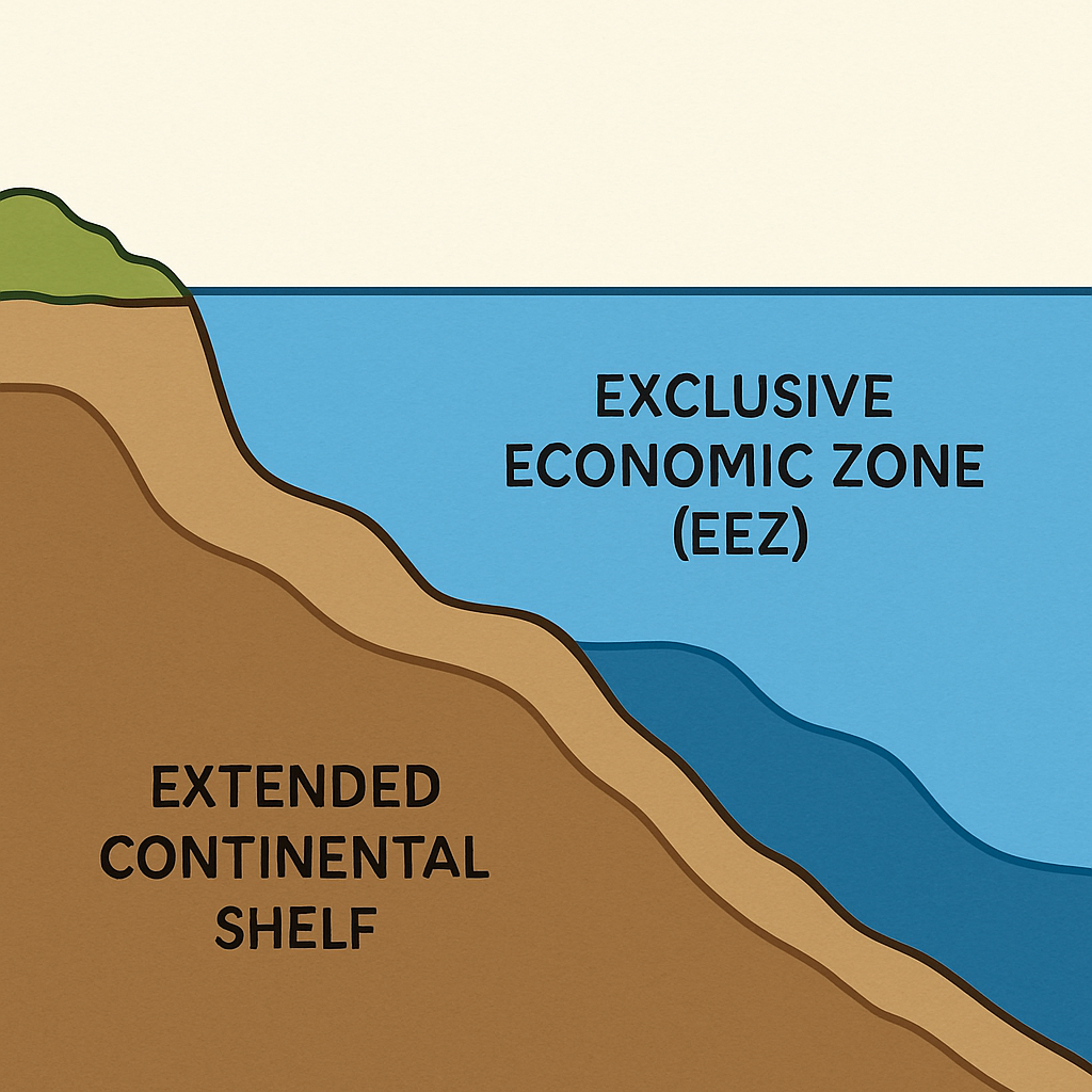 A simplified illustration showing a coastline and how a country's continental shelf can extend far under the ocean, with a label indicating the "Exclusive Economic Zone (EEZ)" near the coast and the "Extended Continental Shelf" further out
