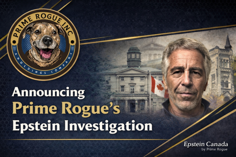 A header image announcing Prime Rogue Inc's investigation into Jeffrey Epstein's Canadian ties via the Epstein Canada project