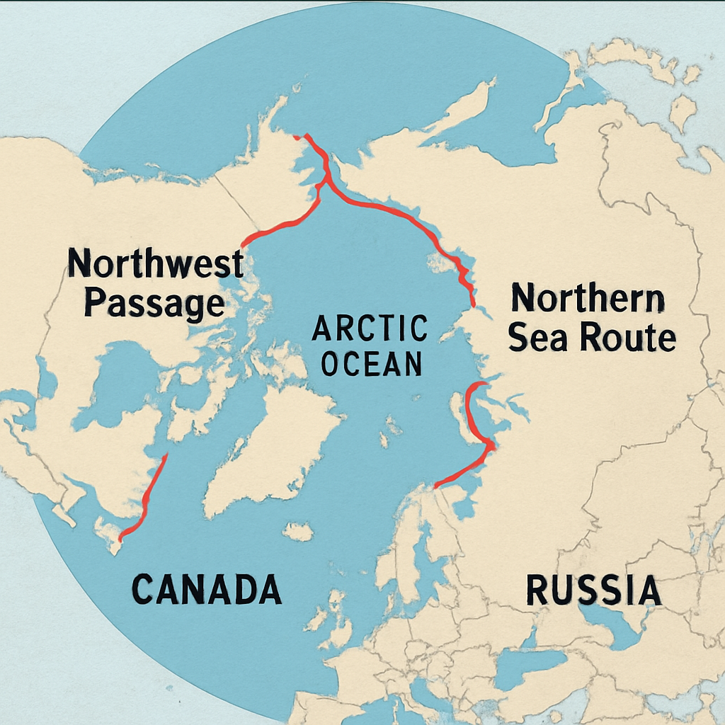 A simple, clear map of the Arctic highlighting the Northwest Passage through Canada and the Northern Sea Route over Russia as two potential shipping shortcuts