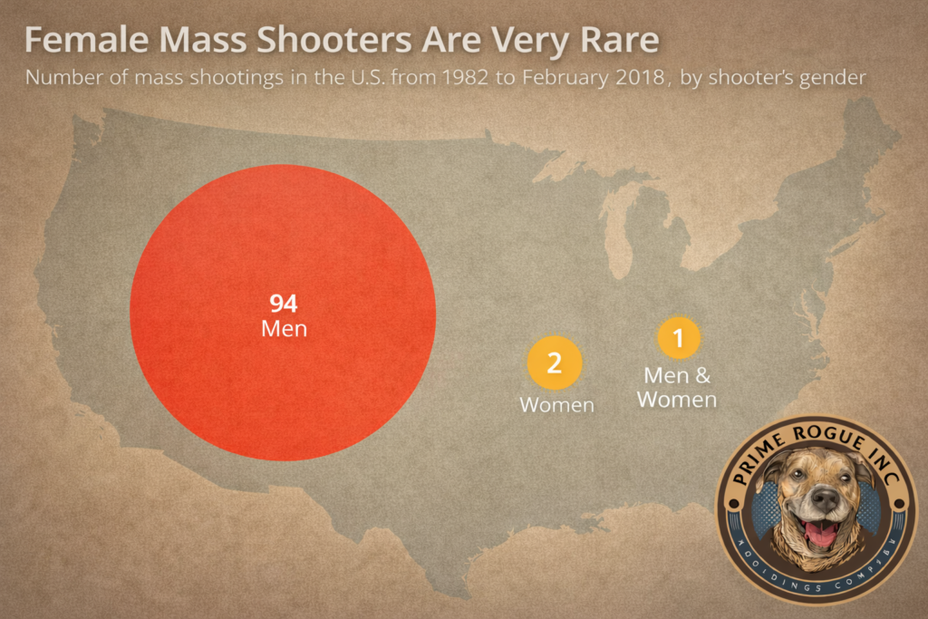 A map highlighting the proportion of mass shooters by gender in the United States between 1982 and 2018. 