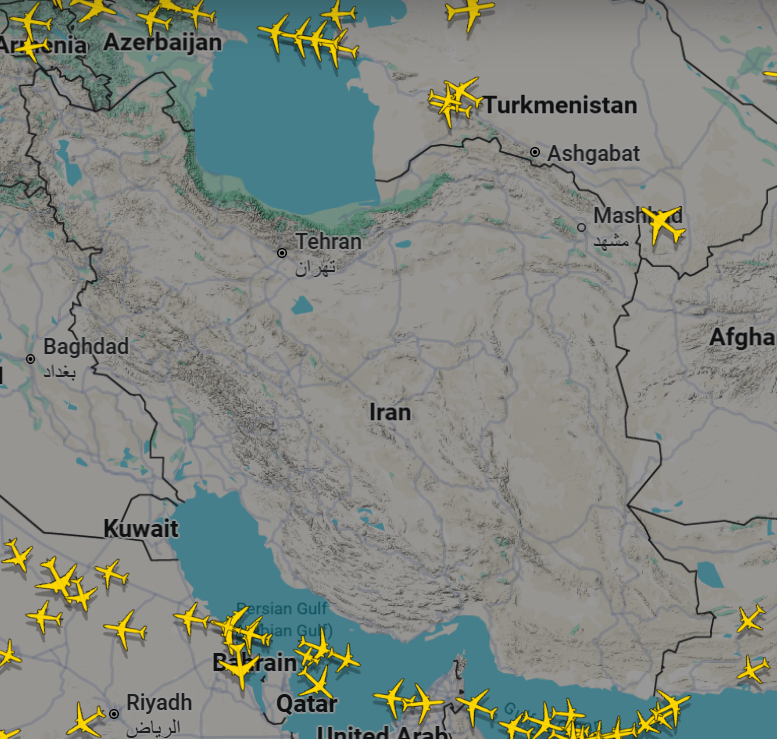 Iranian airspace is empty following the beginning of American and Israeli Strikes on Iran on February 28, 2026