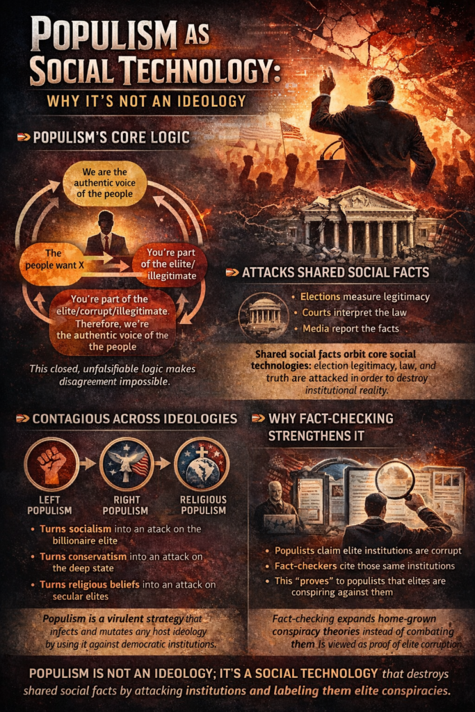 Infographic explaining populism as a social technology, showing a closed logic loop dividing “the people” from “elites,” attacks on shared social facts like elections and courts, contagion across left, right, and religious ideologies, and why fact-checking reinforces populist narratives.