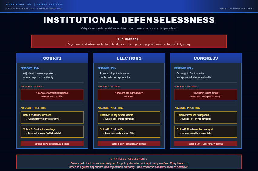 Network diagram on dark intelligence background showing January 6th as emergent insurrection with central populist logic node connected to distributed actors (Trump, Proud Boys, Oath Keepers, QAnon, individuals, Congress members) who acted independently without central coordination, with comparison boxes showing what investigators looked for versus what actually happened