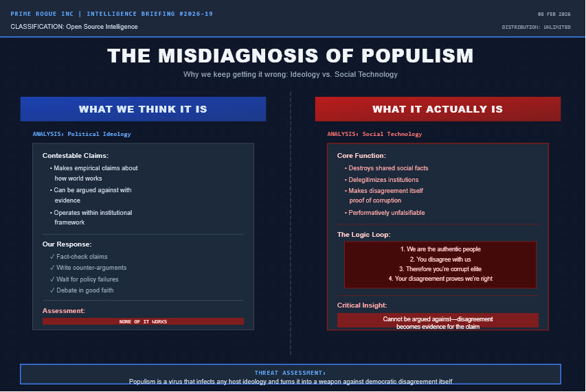 Intelligence briefing layout with data grid background comparing what we think populism is (political ideology on left in blue with contestable claims that can be argued against) versus what it actually is (social technology on right in red that destroys shared social facts and creates performatively unfalsifiable logic loop where disagreement proves the claim)