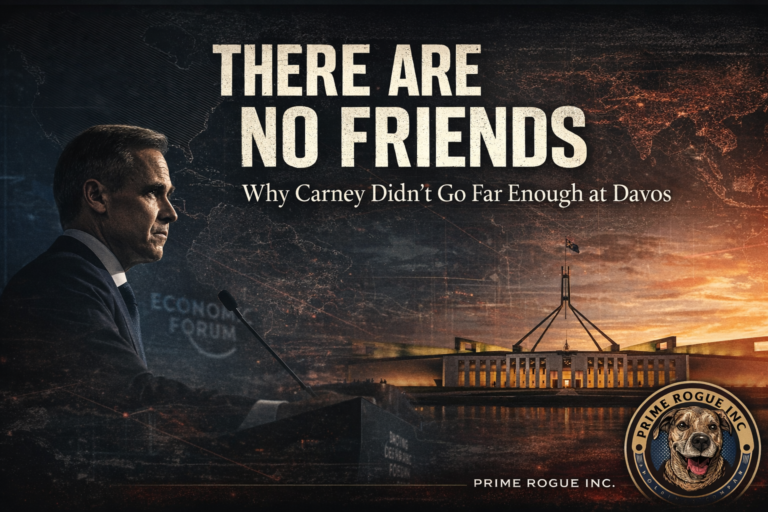 A header image depicting There Are No Friends: Why Carney Didn't Go Far Enough at Davos