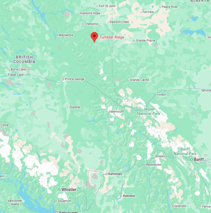 A map showing the location of Tumbler Ridge, BC