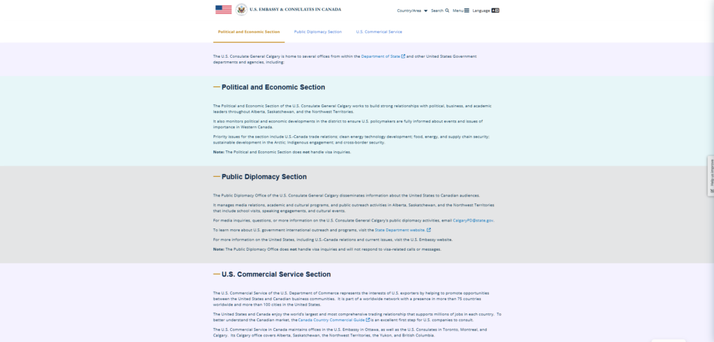 A screenshot of the Offices page of the website of the Calgary Consulate of the United States taken on May 30, 2026