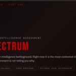 Hero image for Full Spectrum Part One by Prime Rogue Inc. Dark textured background with red grid overlay. Series label reads Full Spectrum Series Part One, May 2026. Prime Rogue Inc. circular logo — featuring a brindle dog portrait with the text Prime Rogue Inc. A Holdings Company — positioned upper right. Main headline reads Full Spectrum in large white and red type. Subtitle reads: Calgary has always been an intelligence battleground. Right now it is the most contested city in Canada — and your government is not telling you why. Tags: Foreign Interference, Calgary, CSIS Referral, October 2026 Referendum, Full Spectrum Series.