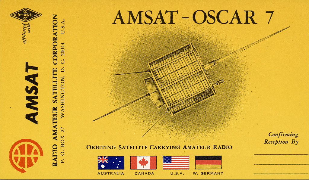 Blank QSL card from AMSAT, used to confirm SWL reception of OSCAR 7 satellite (1974). AMSAT g7ahn, Public domain, via Wikimedia Commons