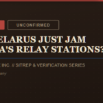 Dark brown banner graphic for "Did Belarus Just Jam Russia's Relay Stations?" featuring a red "FLASH" badge and an outlined "UNCONFIRMED" badge beside the Prime Rogue Inc. circular logo — a smiling brindle dog encircled by tan and navy bands reading "Prime Rogue Inc." and "A Holdings Company" — with the label "Prime Rogue Inc. // SITREP & Verification Series."
