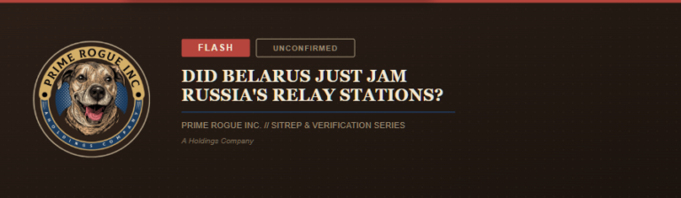 Dark brown banner graphic for "Did Belarus Just Jam Russia's Relay Stations?" featuring a red "FLASH" badge and an outlined "UNCONFIRMED" badge beside the Prime Rogue Inc. circular logo — a smiling brindle dog encircled by tan and navy bands reading "Prime Rogue Inc." and "A Holdings Company" — with the label "Prime Rogue Inc. // SITREP & Verification Series."