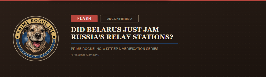 Dark brown banner graphic for "Did Belarus Just Jam Russia's Relay Stations?" featuring a red "FLASH" badge and an outlined "UNCONFIRMED" badge beside the Prime Rogue Inc. circular logo โ a smiling brindle dog encircled by tan and navy bands reading "Prime Rogue Inc." and "A Holdings Company" โ with the label "Prime Rogue Inc. // SITREP & Verification Series."